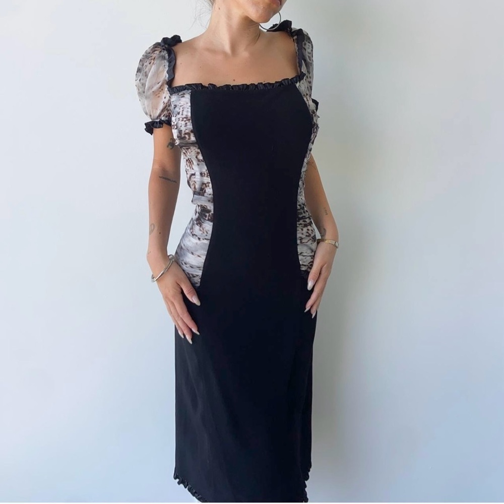 Vintage Blumarine Milkmaid Midi Dress S 100% Silk animal print sides Black White